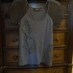 Miss Me blue with lace and sequins and sheer sleeves top